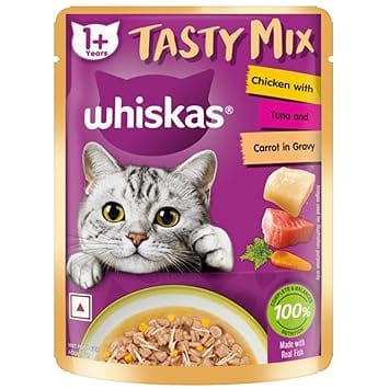 Whiskas Adult (1+ Year) Tasty Mix Wet Cat Food Made with Real Fish, Chicken with Tuna and Carrot in Gravy, 80g